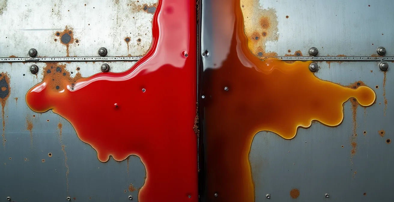 Split comparison showing red hydraulic fluid versus brown engine oil on model aircraft