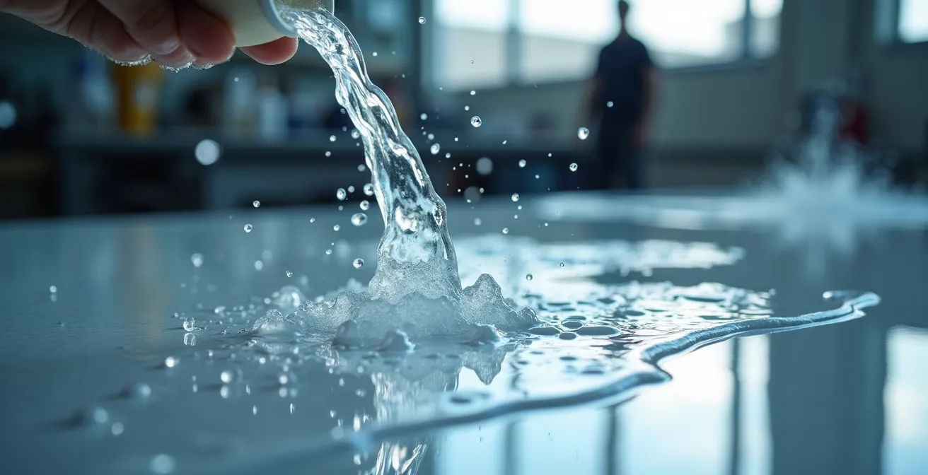 Water sheeting evenly off a cleaned resin aircraft part demonstrating proper surface preparation