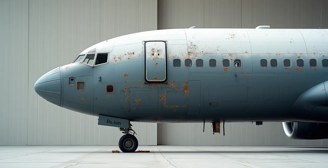 Wide view of aircraft fuselage showing realistic salt deposit patterns from aerodynamic flow