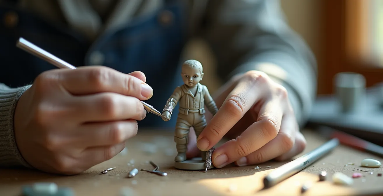 Hands-on demonstration of modifying plastic figure hands to grip aircraft tools