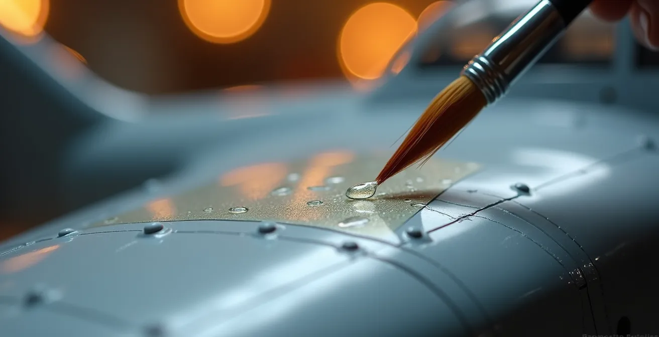 Extreme close-up of decal solution application on aircraft model surface