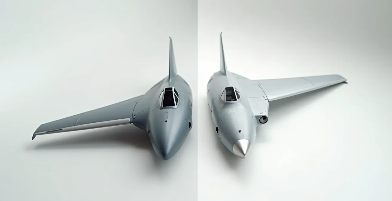 Comparative view of die-cast and plastic aircraft model surface details