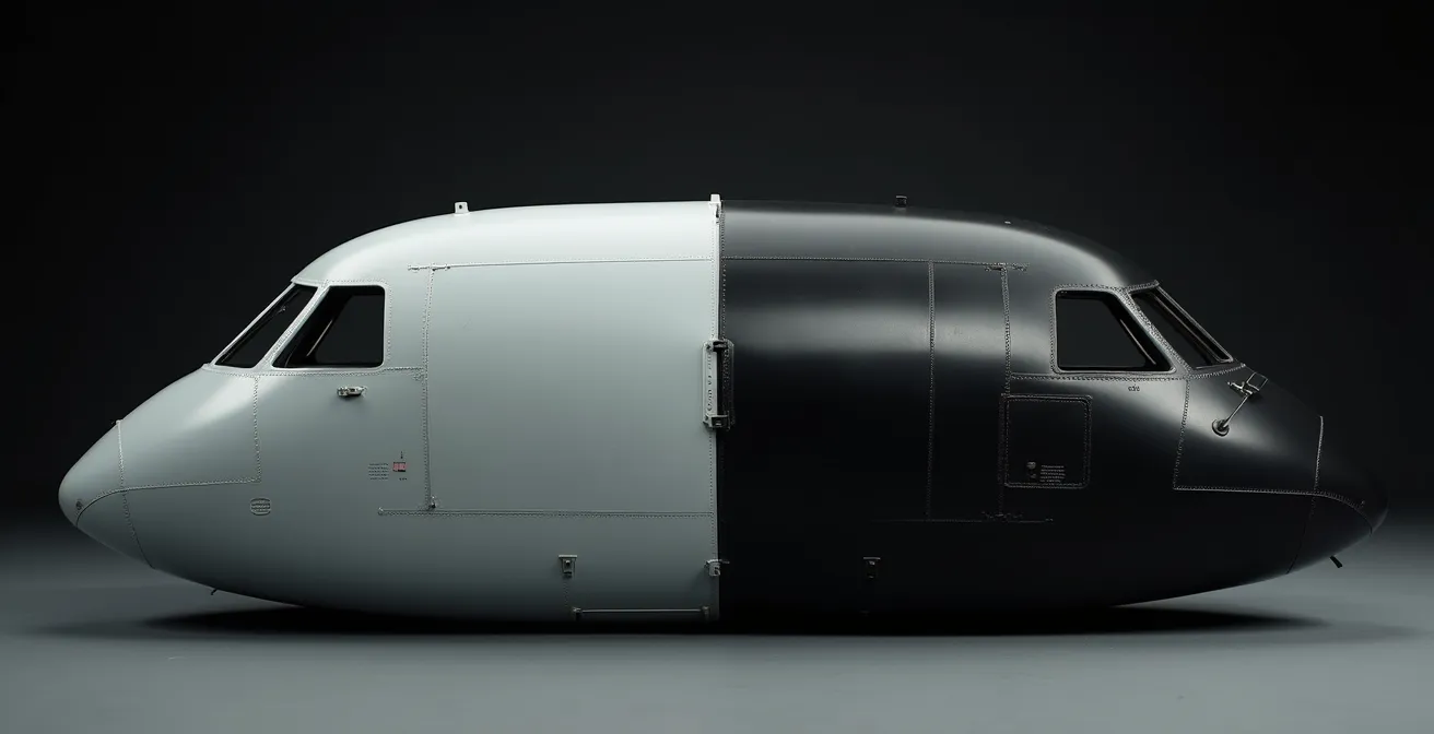 Model aircraft fuselage with black primer revealing seam preparation quality