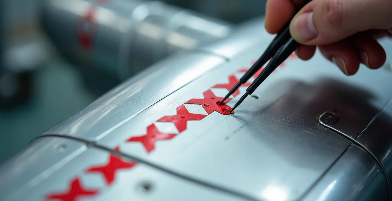 Close-up of hands applying identical warning stencils across aircraft model surface