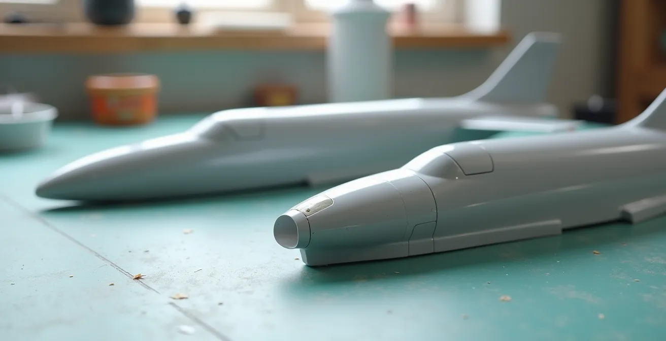 Model aircraft fuselage halves being joined with different cement types showing capillary action