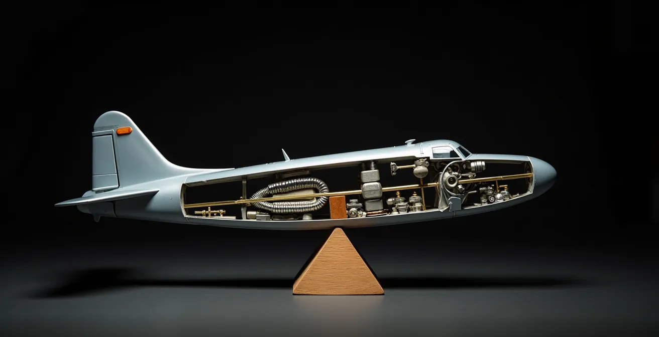Cutaway view of model aircraft fuselage showing internal weight placement