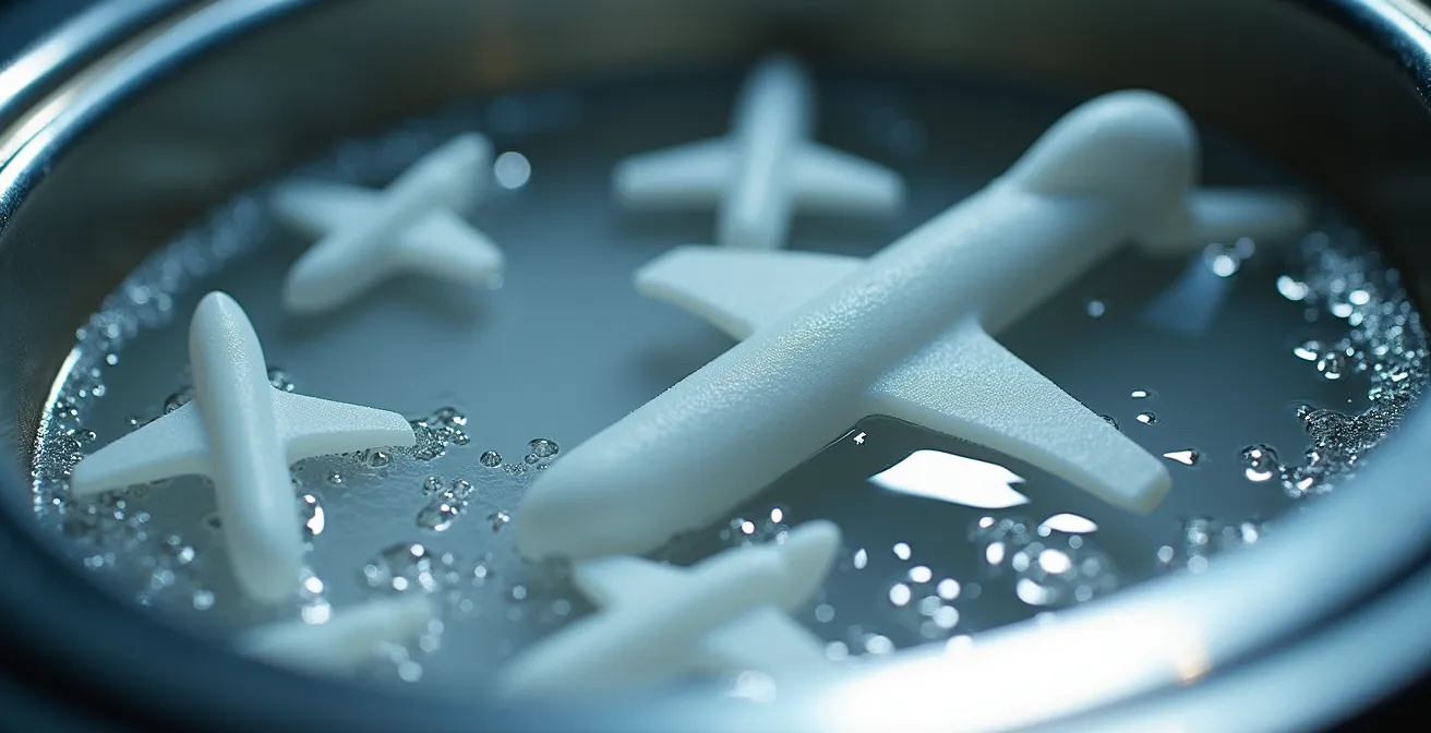 Ultrasonic cleaner with resin aircraft parts being cleaned safely