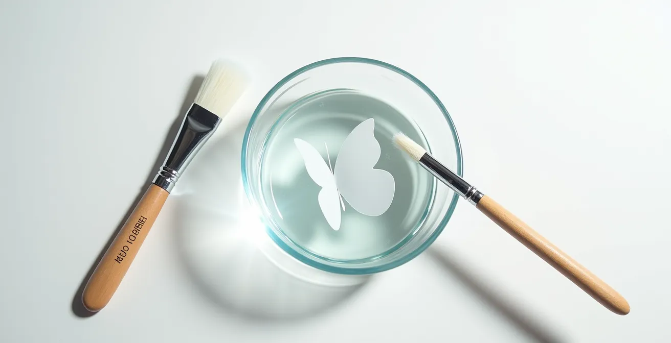 Overhead view of a water dish with modeling tools positioned for decal rescue