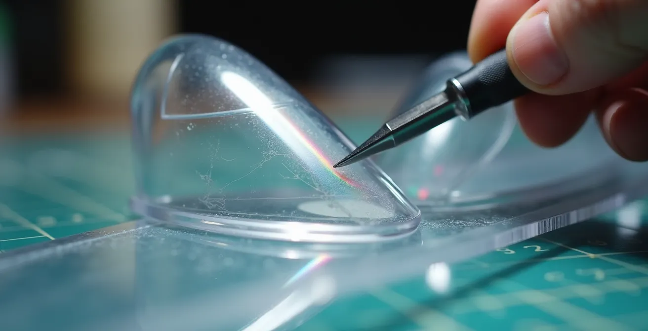 Extreme close-up of precision blade scoring a vacuum-formed canopy with support material