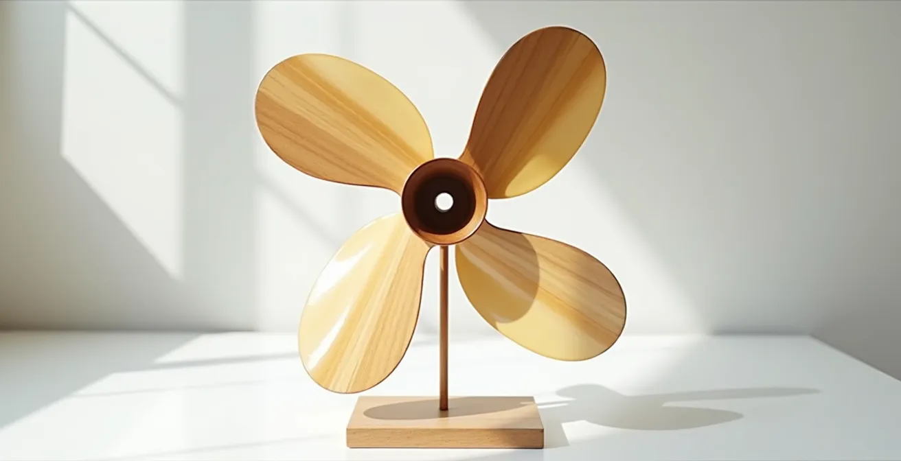 Model propeller showing graduated varnish layers from hub to tip with varying gloss levels