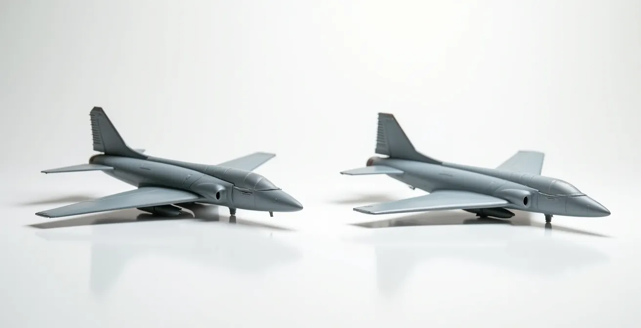 Comparison showing raised panel lines versus recessed details on model sprues