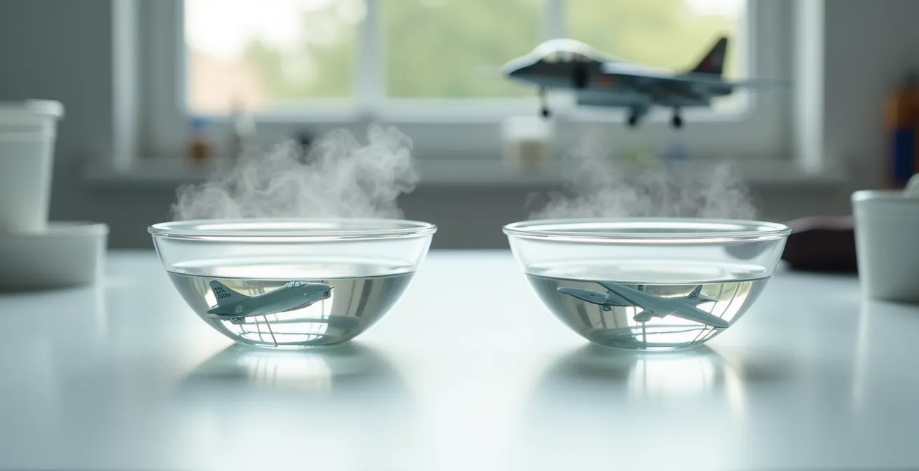 Split comparison showing decal behavior in different water temperatures