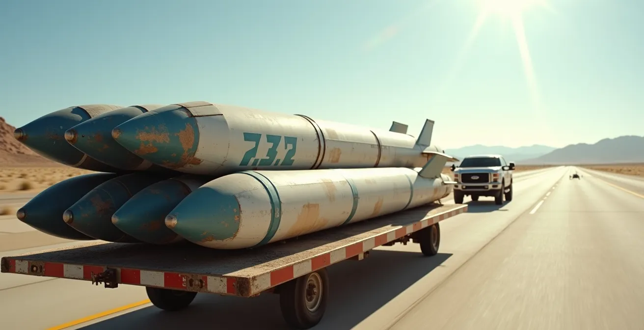 Detailed view of worn blue-striped training missiles showing paint chips and handling marks