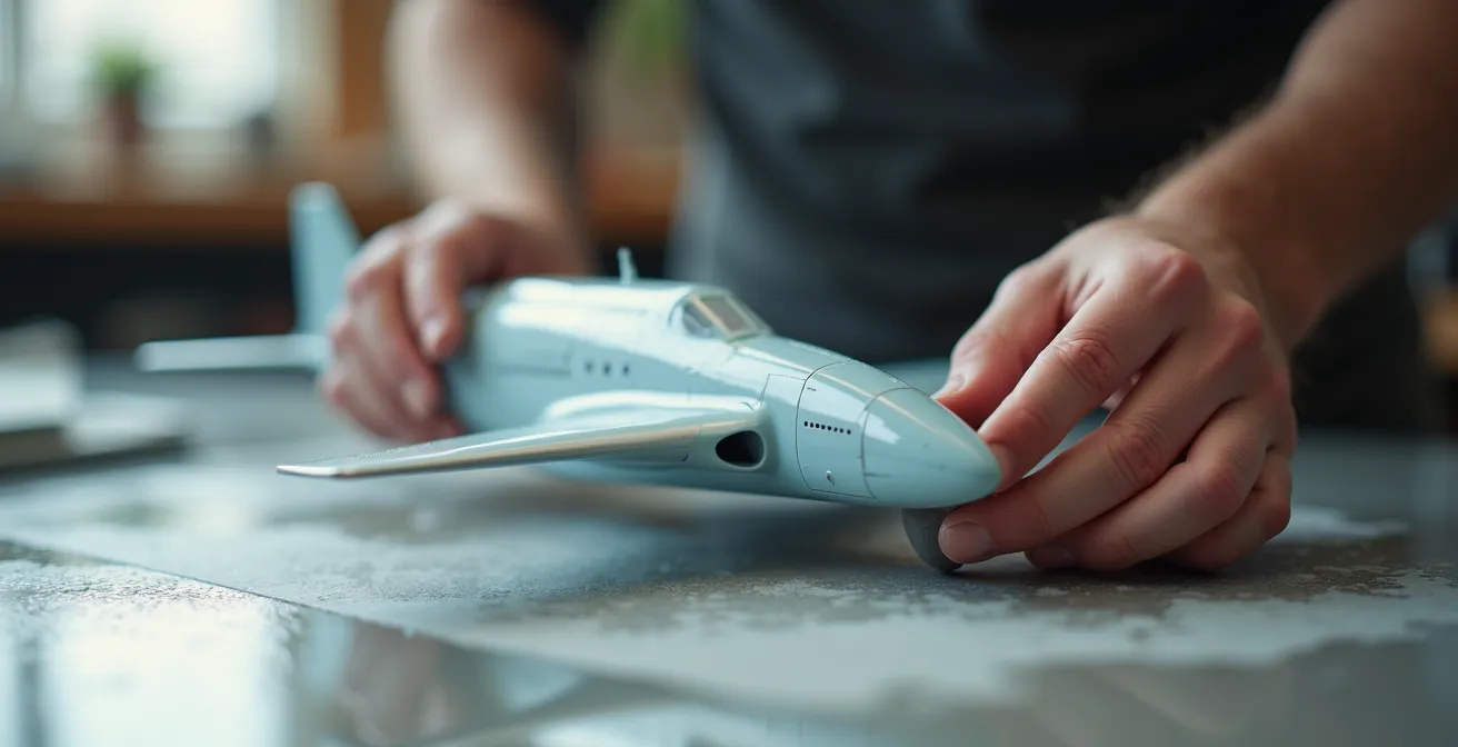 Hands wet sanding aircraft model fuselage with fine grit paper, creating a glossy sheen.