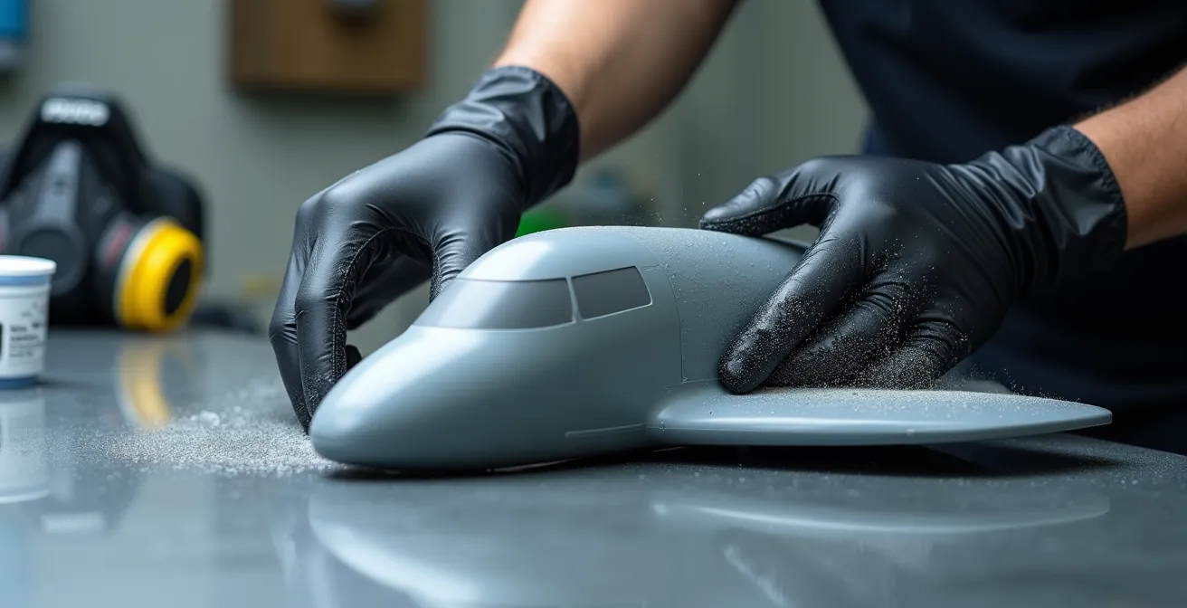 Hands wet sanding resin 3D printed aircraft parts with proper safety equipment