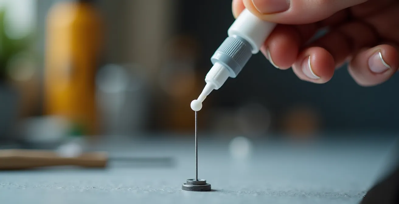 Extreme macro shot of white glue droplet forming a perfect sphere on a vertical antenna wire