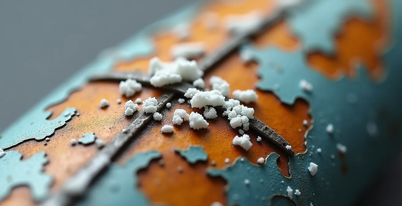 Extreme close-up of zinc pest corrosion on die-cast aircraft model surface