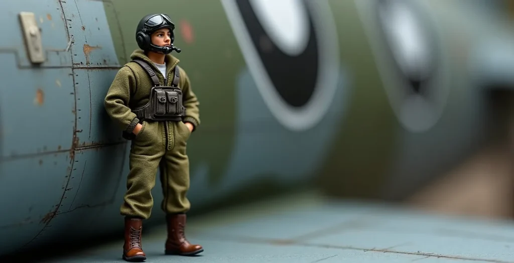 Close-up of scale model pilot figure showing different fabric textures next to aircraft fuselage Close-up of scale model pilot figure showing different fabric textures next to aircraft fuselage